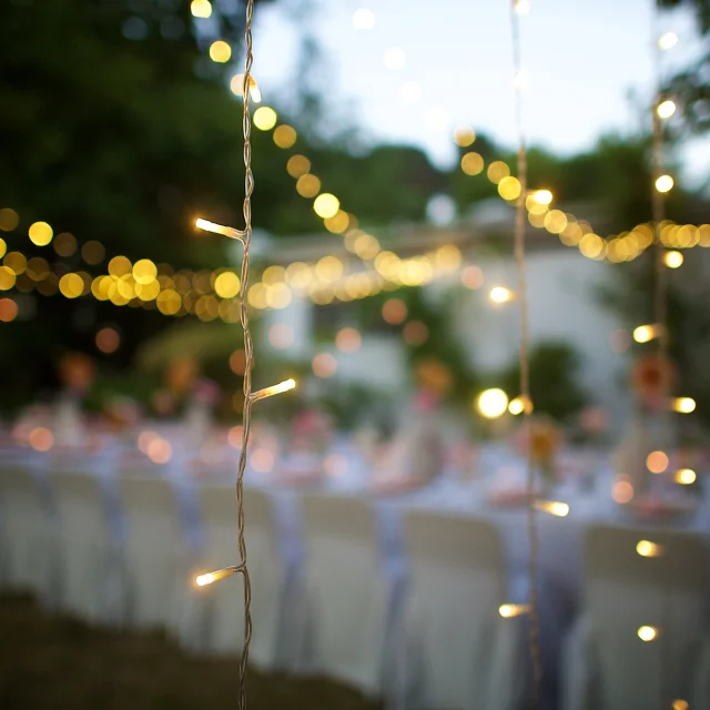 Una cadena de luces de hadas que cuelgan entre los árboles fotografiados brillando en la noche con la técnica de enfoque de imagen se centran en el primer plano bokeh fondo y oscuro Franschhoek Cape Winelands Sudáfrica